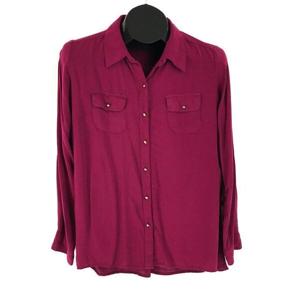 Dressbarn Button Down Shirt Women's Small Burgundy Pockets High-Low Long Sleeve - Picture 1 of 8